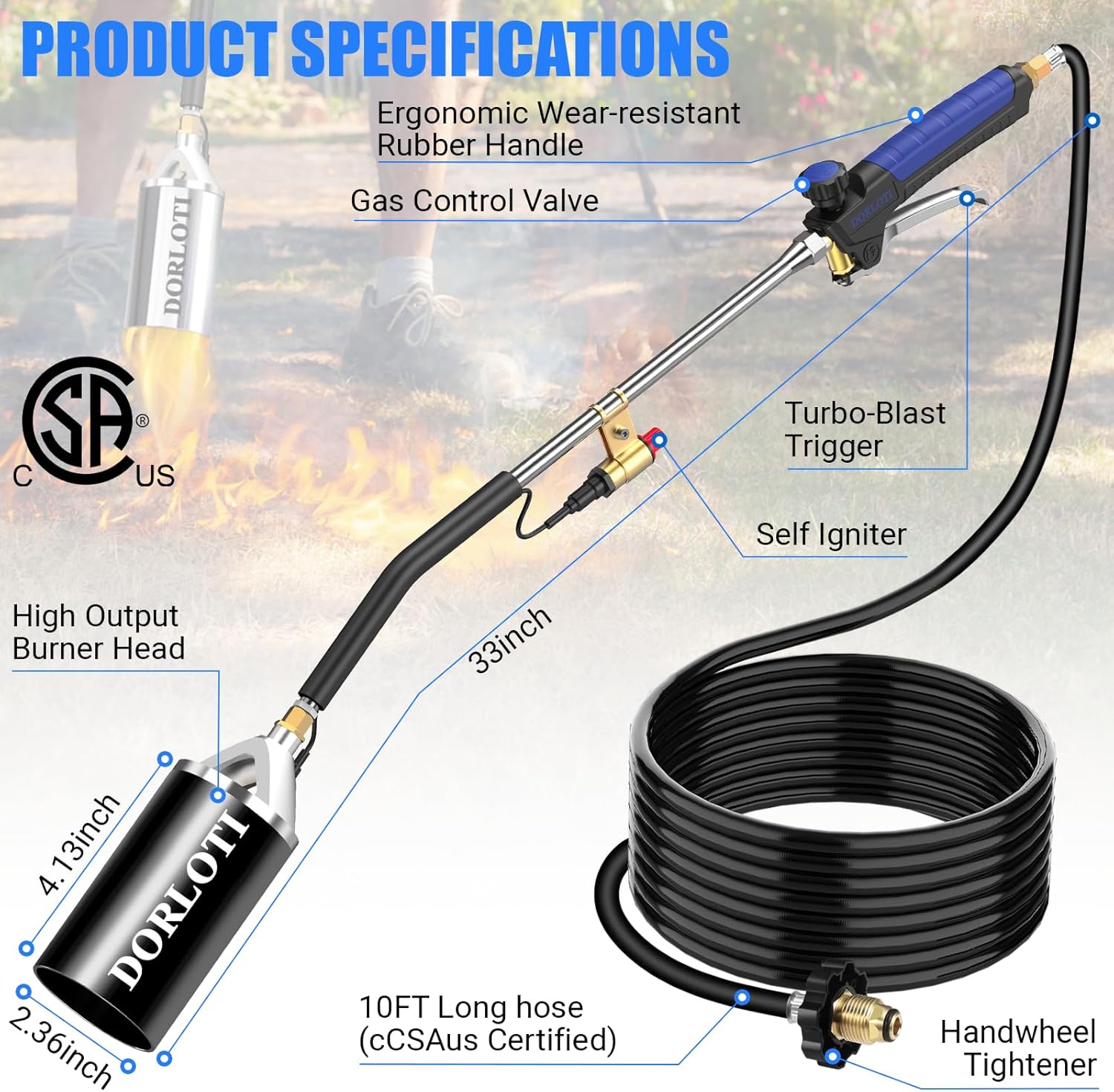 High‑Output Propane Torch Kit — Turbo Ignition, 10ft Hose, Storage Bag (Weeding, Roofing, Ice Melt)